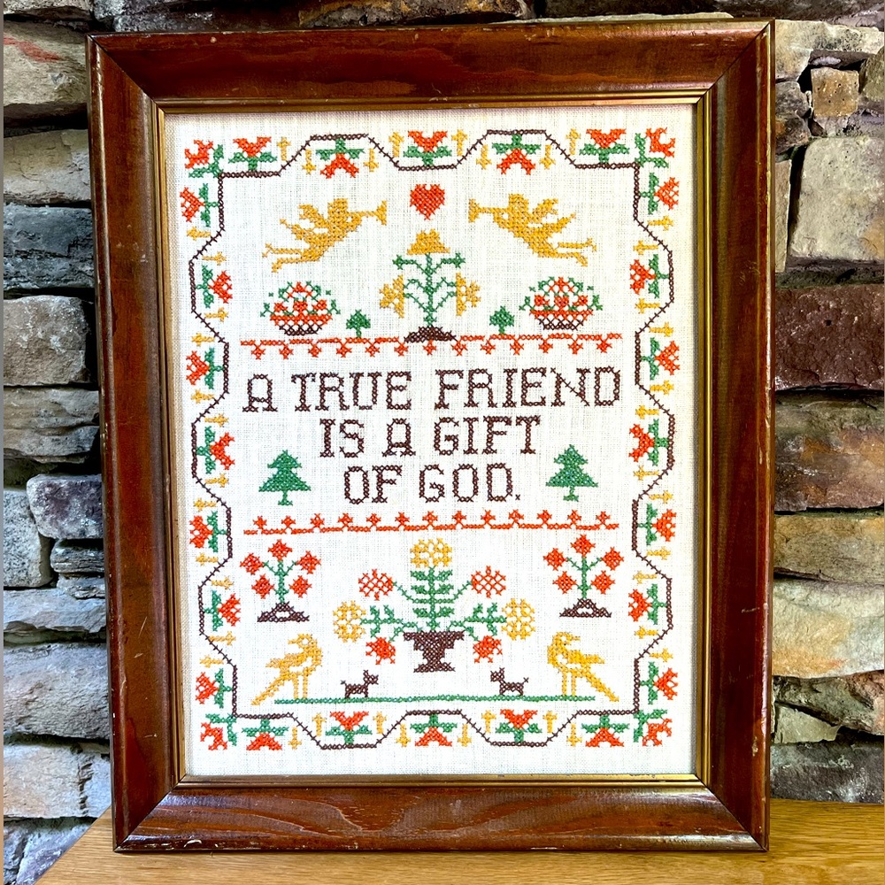 VTG Cross Stitch Friendship Quote Christian Handcrafted Friend Boho Wall Art